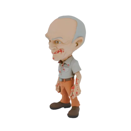 3D model of a stylized zombie old man bobblehead with blood splatters on his face and shirt, wearing orange pants and brown shoes.