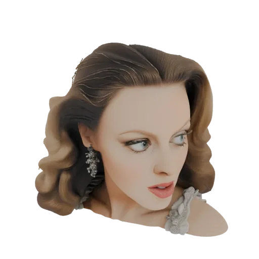 3D model render of a glamorous woman's bust with wavy brown hair, blue eyes, and a sparkling earring.