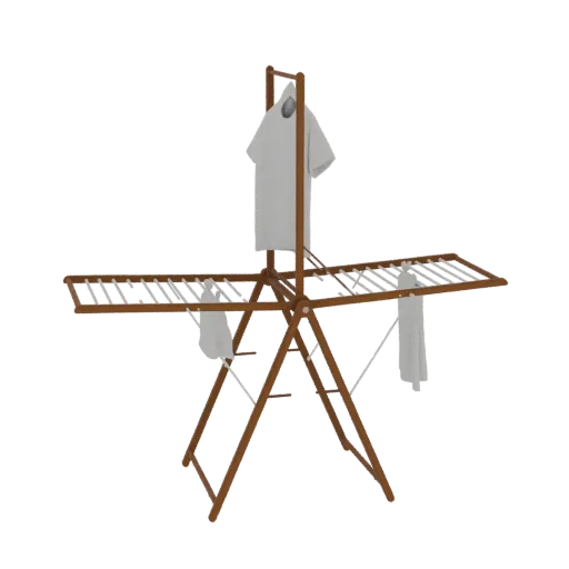 3D model of a wooden clothes drying rack with white clothes hanging on it, against a white background.
