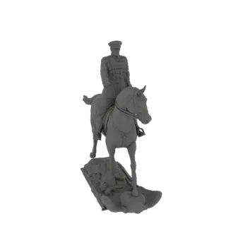 3D-Modell-Rendering eines historischen Generals zu Pferd, dargestellt in einer stoischen Pose auf einem felsigen Sockel.