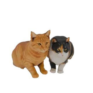 Uma renderização 3D de dois gatos realistas, um malhado laranja e um tricolor, sentados lado a lado.