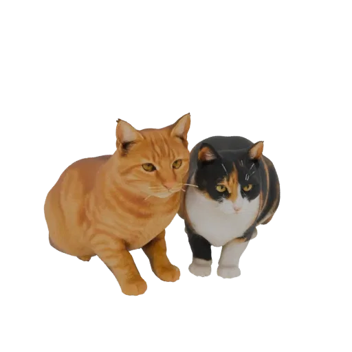 Uma renderização 3D de dois gatos realistas, um malhado laranja e um tricolor, sentados lado a lado.