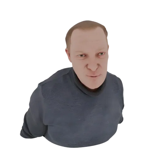 3D model render of a man with a serious expression wearing a dark turtleneck, viewed from a slightly high angle.