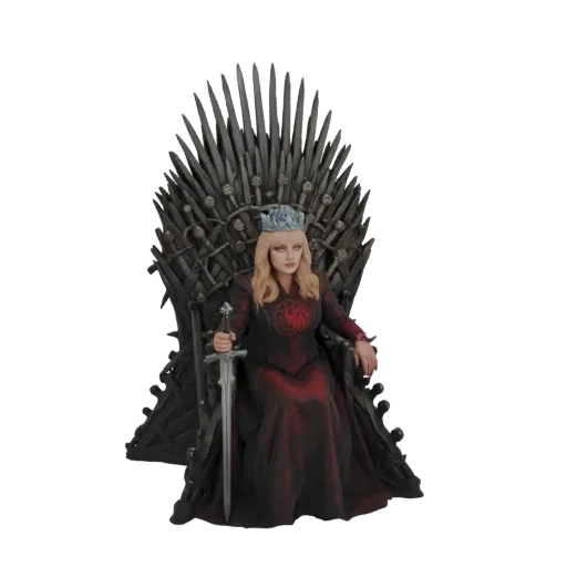 3D model of a blonde queen with a crown and sword, sitting on the Iron Throne.