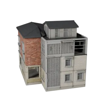 Kit Modulare Tetto low poly modello 3D, vista esterna pronta per il gioco, che mostra materiali del kit di costruzione modula