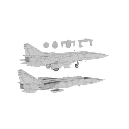 3D-Modell eines sowjetischen MiG-25 Foxbat Kampfjets, von der Seite vor schwarzem Hintergrund.