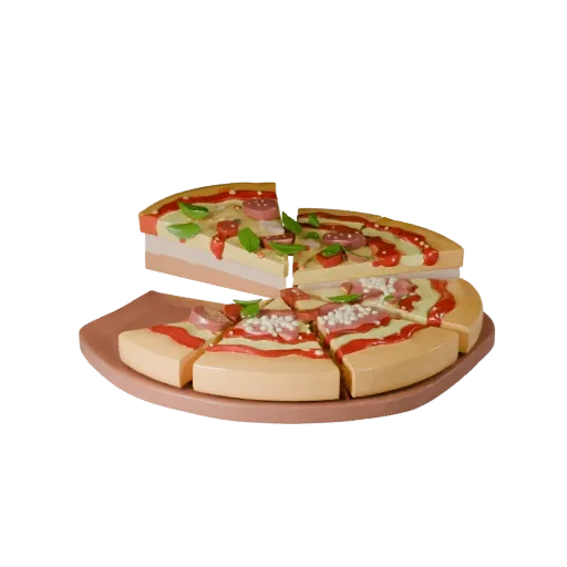 Modello 3D di pizza dettagliato per rendering, rendering in studio dall'alto, con topologia pulita e shading PBR sul piatto.
