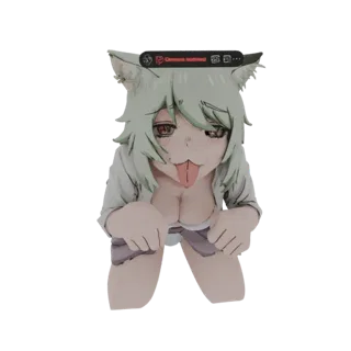 3D model of a Neko girl with light green hair, large brown eyes, and her tongue sticking out, wearing a white shirt and a pur