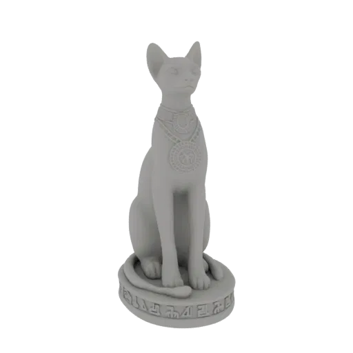 3D model of a grey Egyptian Bastet cat statue sitting regally on a base with hieroglyphs.
