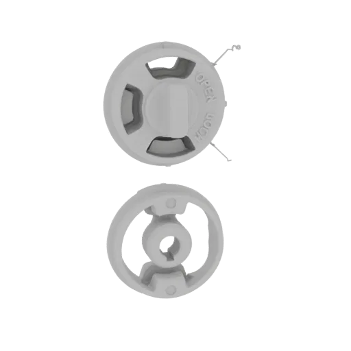 3D model of a gray plastic rotary lock mechanism with 'OPEN' and 'LOCK' indicators and wire actuators, shown with a separate