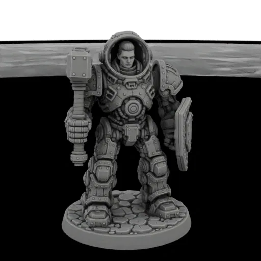 3D model of a heavily armored warrior holding a large hammer and shield, standing on a cobblestone base.