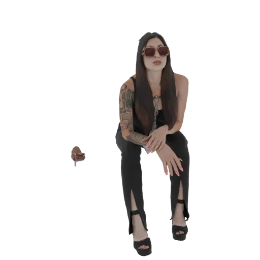 3D model of a fashionable woman sitting down, wearing sunglasses and black clothing with platform heels.