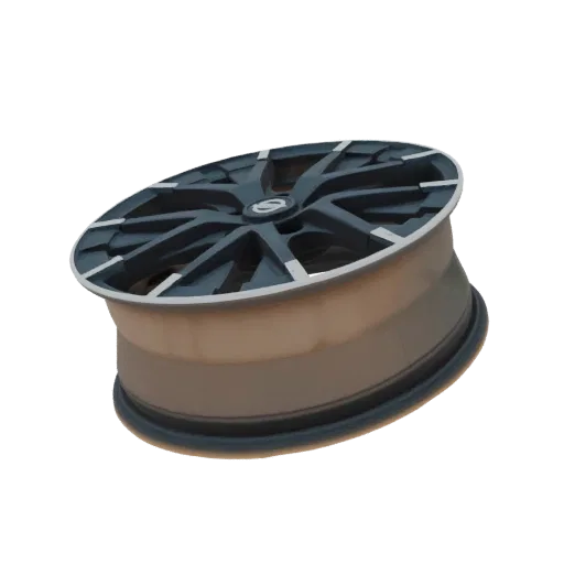 A 3D render of a sporty, dark-colored alloy wheel with silver accents and a complex spoke design, presented on a white backgr