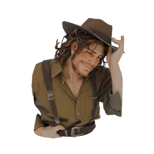 3D model render of a cowboy bust with a brown hat, winking and tipping his hat.