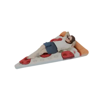 3D model of a person lying on their back on a pizza slice inflatable float, with hands behind their head and wearing sunglass