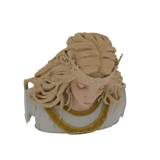 3D model render of an angelic figure bust with flowing blonde hair, a delicate crown, and closed eyes.
