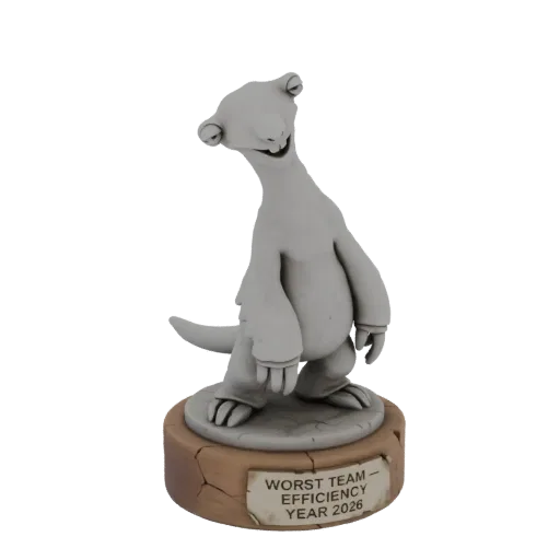 3D model of a humorous trophy for 'Worst Team Efficiency Year 2026', featuring a cracked base and a stylized creature.
