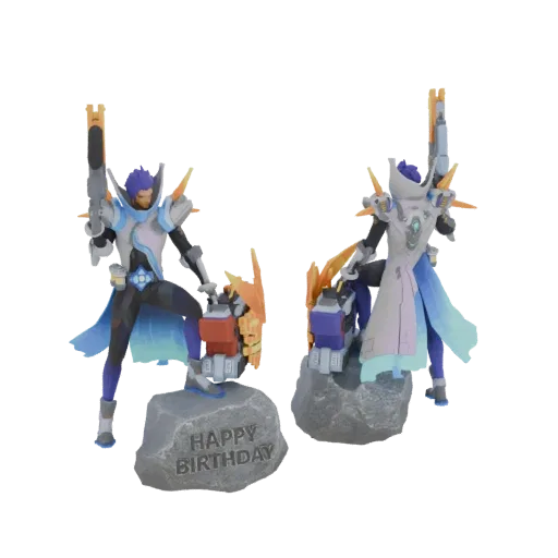 3D render of a sci-fi character with purple hair, holding a futuristic gun, standing on a rock base with 'HAPPY BIRTHDAY' tex