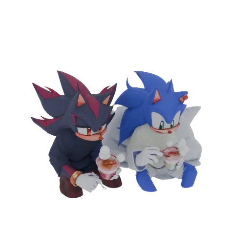3D model of Sonic and Shadow sitting together, each holding a cup and spoon, enjoying a dessert.