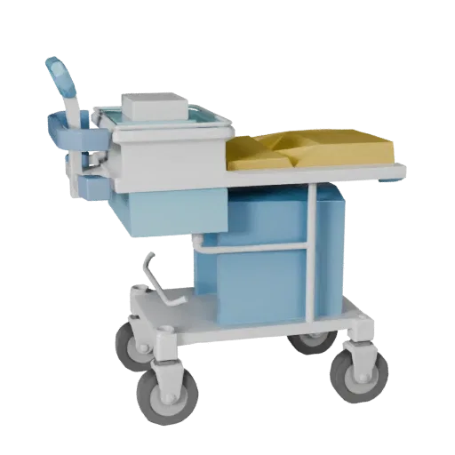 Surgical Medical Cart Low Poly 3D model, game viewport three-quarter view, showing painted metal, clinical silhouette.