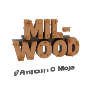 نموذج ثلاثي الأبعاد لشعار MIL-WOOD، مصمم كحروف خشبية بنسيج اللحاء ونشارة الخشب