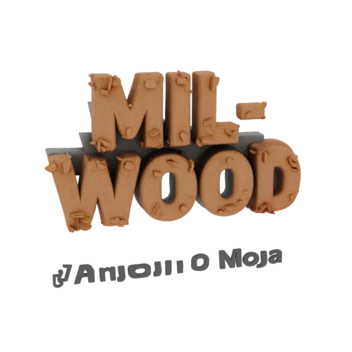 3D model of MIL-WOOD logo, featuring wooden letters with bark texture and sawdust