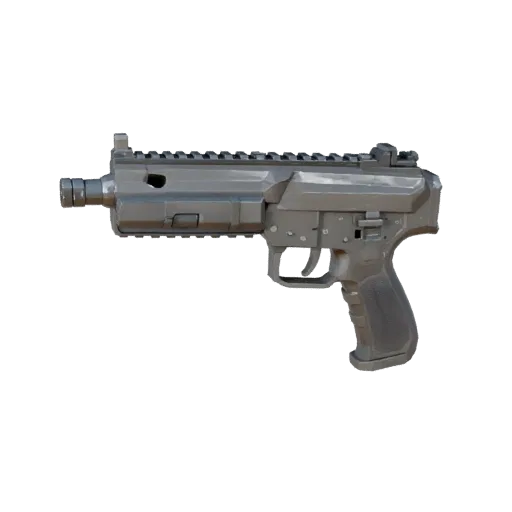 Modelo 3D Pistola Tática Low Poly, vista três quartos do viewport do jogo, mostrando metal pintado, detalhe da forma.
