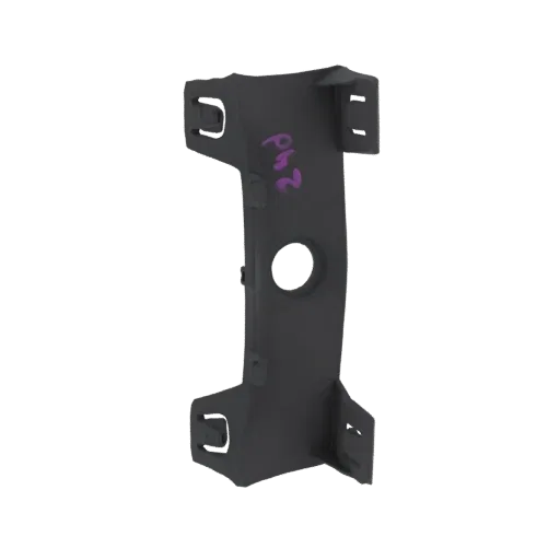 A 3D render of a black plastic bracket with purple markings, viewed from a slight angle.