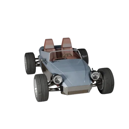 Modello 3D Roadster Low Poly, vista di gioco tre quarti, asset veicolare low-poly con linee della carrozzeria, vetrature, pos