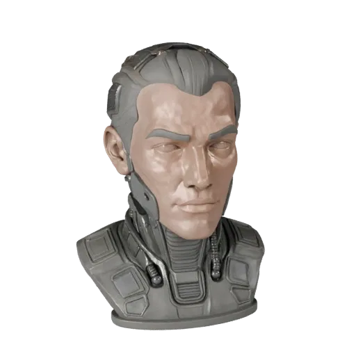 Aperçu du modèle 3D imprimable STL Buste Robot Portrait montrant les plans du visage, angle d'affichage de trois quarts
