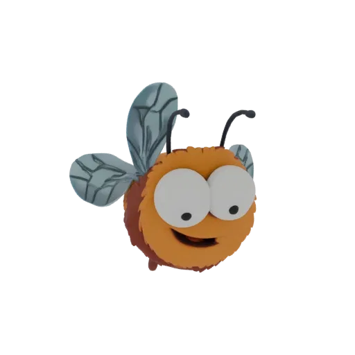 A 3D render of a cute, fuzzy cartoon bee with large, surprised eyes and a wide smile, its translucent wings spread.