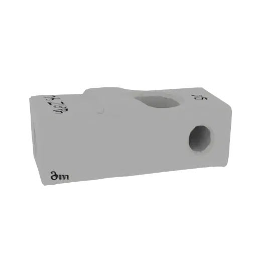 3D model of a white parallelepiped with a central through hole, one side featuring a conical chamfer.