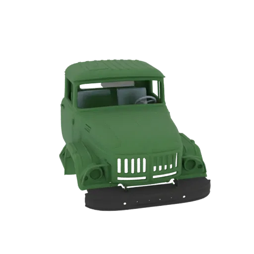 Modèle 3D d'une cabine de camion soviétique verte, vue de face, montrant la calandre, les phares et les détails intérieurs.