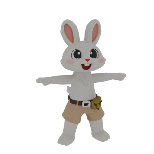 Modelo 3D de un personaje de conejo blanco con shorts color canela y cinturón, en pose T.