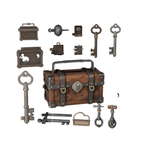 Fantasy Loot Key Modular 3D model, isometric modular kit view, showing aged wood, clear pickup silhouette.