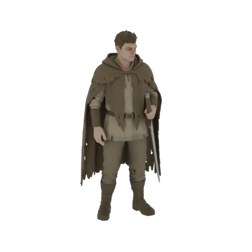 3D model of a male fantasy adventurer wearing a tattered brown cloak and holding a sword.