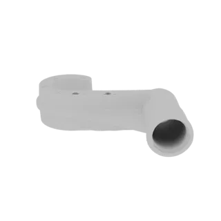 A 3D render of a light gray, curved pipe connector with a flared opening on the right side, against a white background.