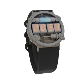3D-Modell einer retro-futuristischen Digitaluhr mit Segment-Display '2039', Industriegehäuse und schwarzem Armband.