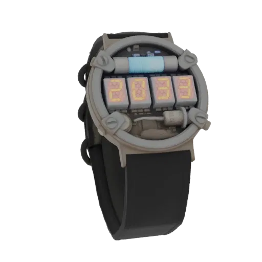 3D model of a retro-futuristic digital watch with a segmented display showing '2039', industrial casing, and a black strap.