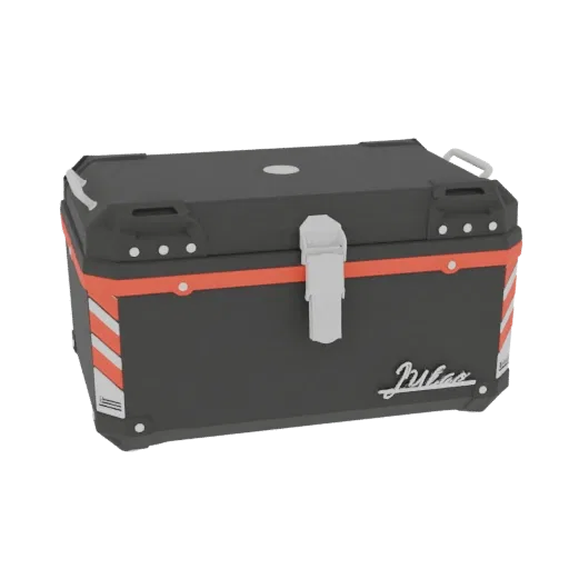 3D model of a rugged, dark gray storage trunk with a bright orange stripe and silver latch, set against a white background.