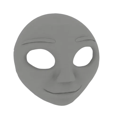 A 3D render of a stylized, neutral gray face mask with smooth features and large, empty eye sockets, presented on a white bac