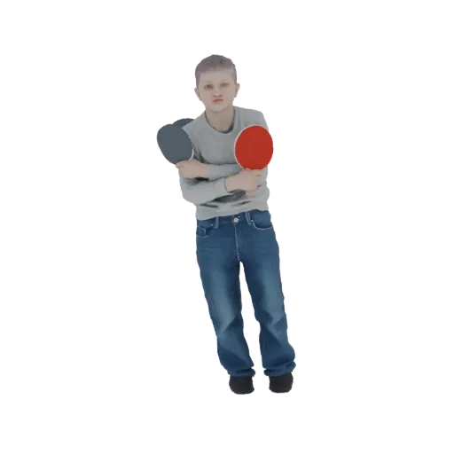 3D model of a young boy with light hair, wearing a grey shirt and blue jeans, holding a red and a dark grey ping pong paddle.