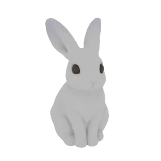 Una renderización 3D de una figura de conejo blanco lindo con orejas grandes y ojos oscuros, sentado atentamente.