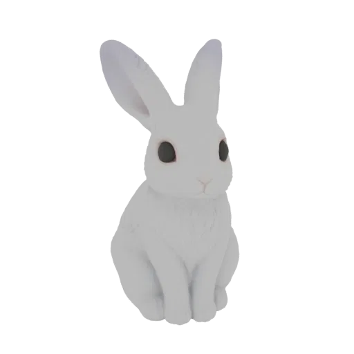 A 3D render of a cute white rabbit figurine with large ears and dark eyes, sitting attentively.