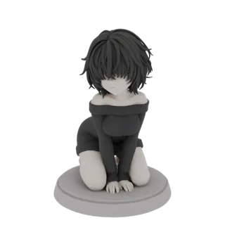 Modelo 3D de una chica anime arrodillada, vistiendo un suéter off-shoulder oscuro, con cabello oscuro y despeinado y una expr