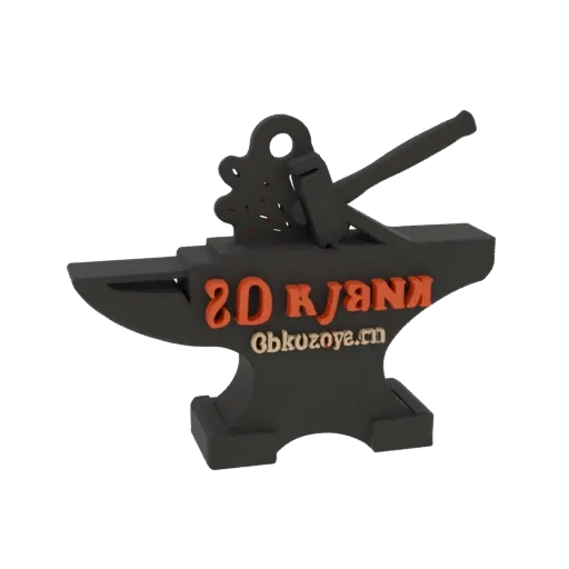 3D render of a black anvil with a hammer on top and orange text '8D KJANX' and silver text 'Gbkozoya.rn'.
