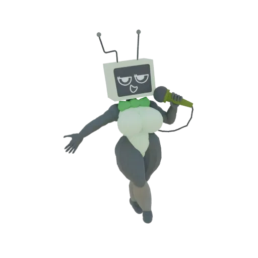 3D model of a retro TV-headed character with antennae, wearing a leotard and bow tie, singing into a microphone.