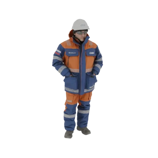 3D model of an industrial worker wearing a white hard hat, safety glasses, and a blue and orange insulated jacket and pants.