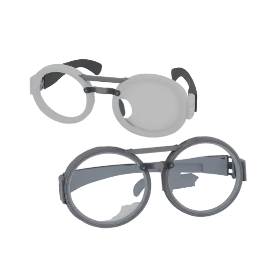 Round Goggles Printable 3D model, isometric STL render, showing transparent lenses, face-worn scale.