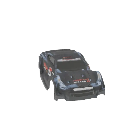 3D-Modell einer Nissan GT-R R35 Nismo RC-Car Karosserie mit Carbon-Textur und Rennaufklebern.